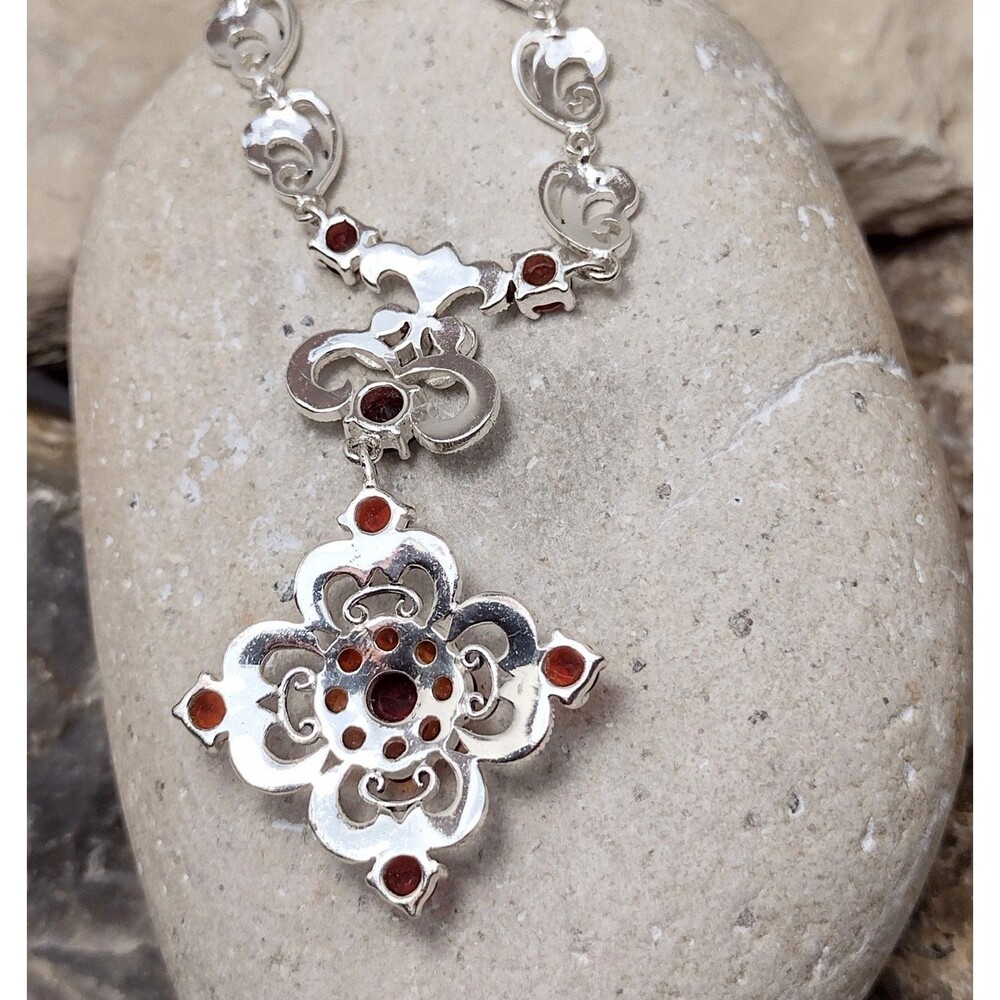 Ornate Garnet CZ Marcasite Silver Filigree Pendant Necklace Signed - Picture 5 of 12